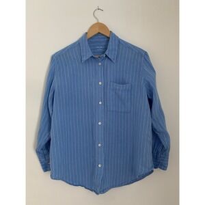 Marks & Spencer Pure Linen Bottom Up Women Sz US 6 Blue Striped Pearl Button